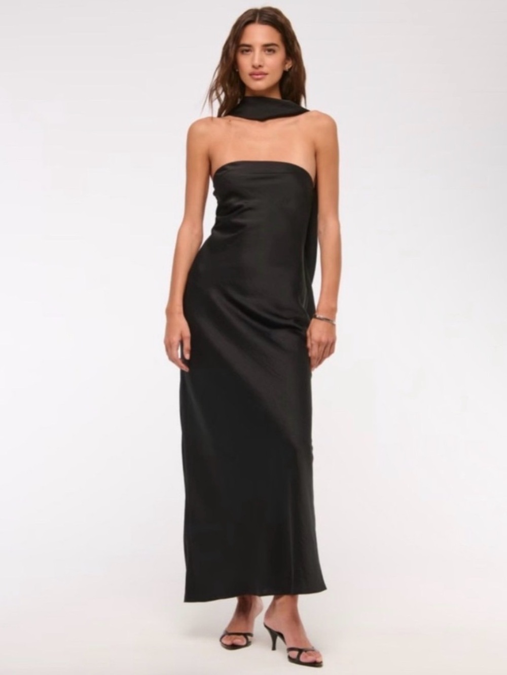Abercrombie Black Satin Maxi Dress with Scarf Neck XS tall